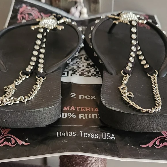 Skull Embellished Black Flip Flops - Picture 2 of 8
